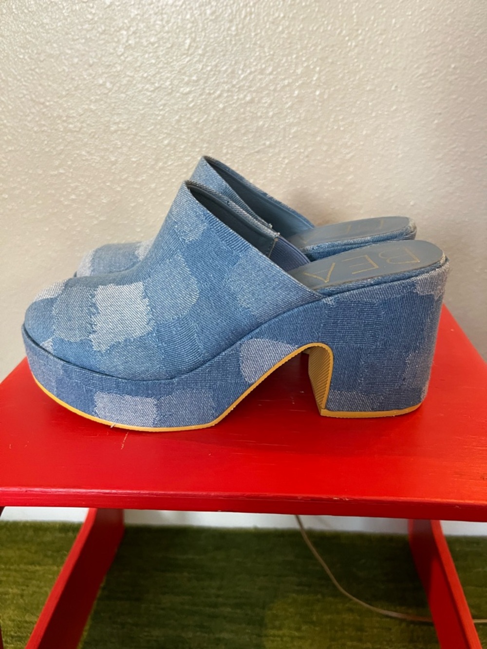 Matisse Denim Patchwork Platform Mules in Light Blue with Yellow Trim